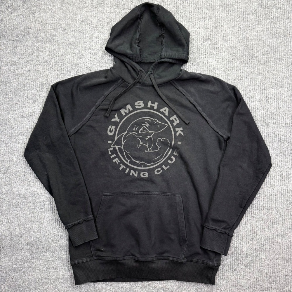 Gymshark Lifting Club Hoodie Mens Large Black Graphic Pullover Raglan